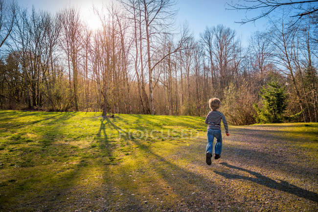 Visão traseira de um menino correndo no caminho no campo — Fotografia de Stock