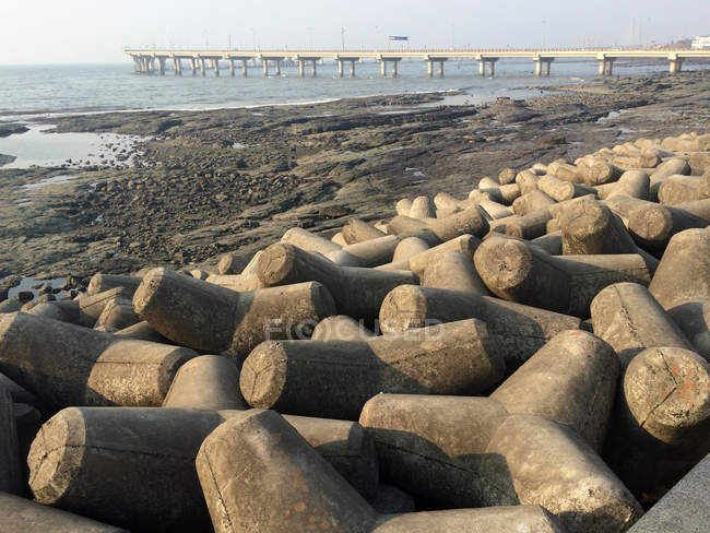 India, Mumbai, tetrápodos de hormigón en la playa y puente en el fondo - foto de stock