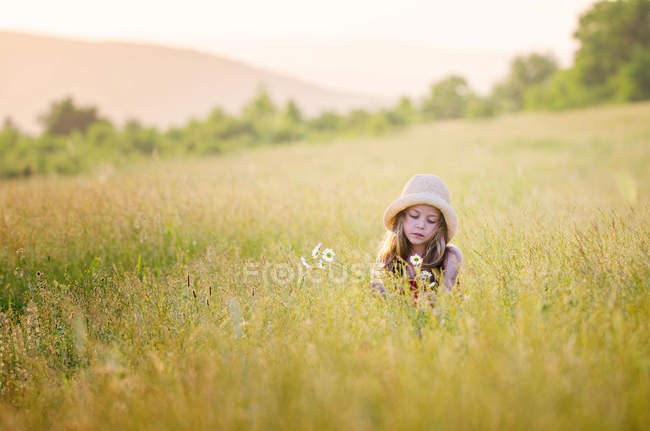 Mädchen mit Hut pflückt Blumen auf Wiese — Stockfoto