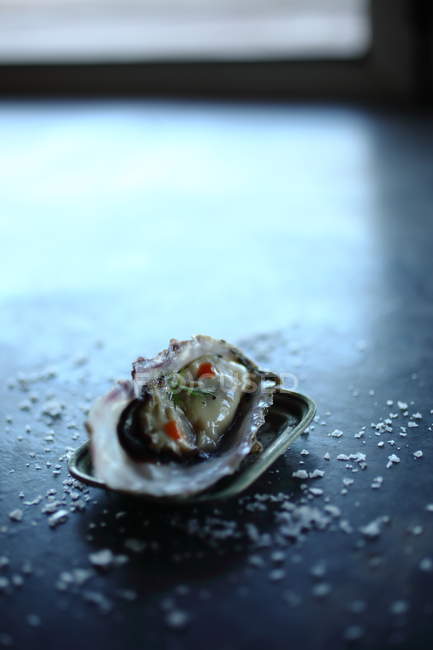 Close-up de ostra fresca com endro e sal — Fotografia de Stock