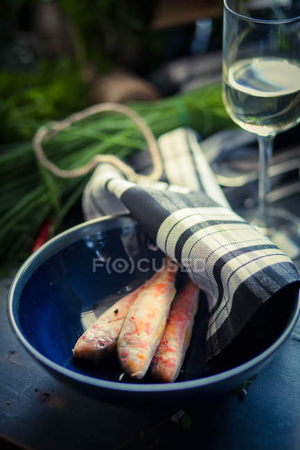 Fresh red mullet fish in a bowl with glass of wine — Stock Photo