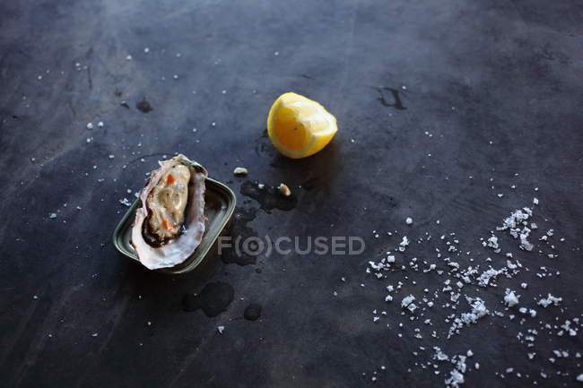 Primer plano de la Ostra fresca con limón y sal en la superficie gris - foto de stock