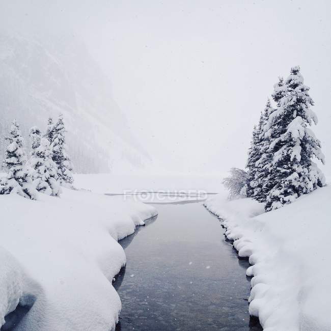 Vista panorâmica do rio que flui através da paisagem coberta de neve — Fotografia de Stock