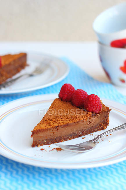 Tranche de tarte au chocolat aux framboises — Photo de stock