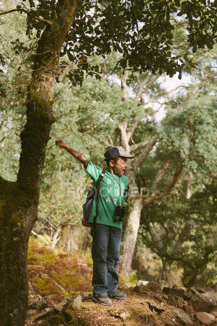 Garçon portant casquette debout et acclamant dans la forêt — Photo de stock