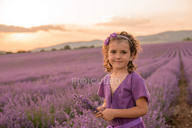 Chica de pie en el campo de flores de lavanda al atardecer - foto de stock