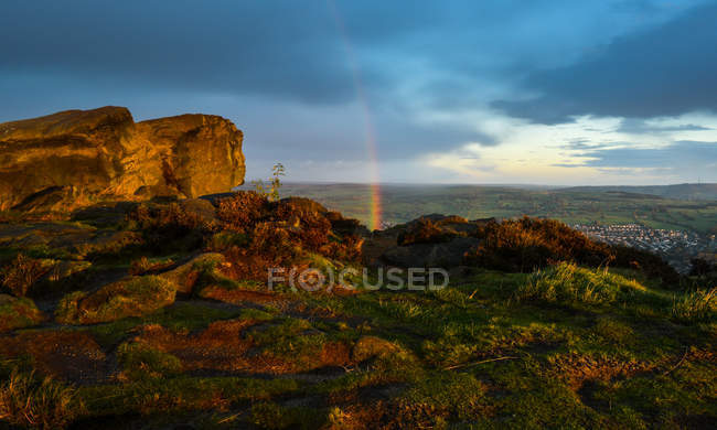 Scenic view of rainbow over landscape, Yorkshire, England, UK — Stock Photo