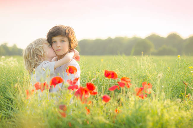 Two caucasian brothers hugging and kissing in field — Stock Photo