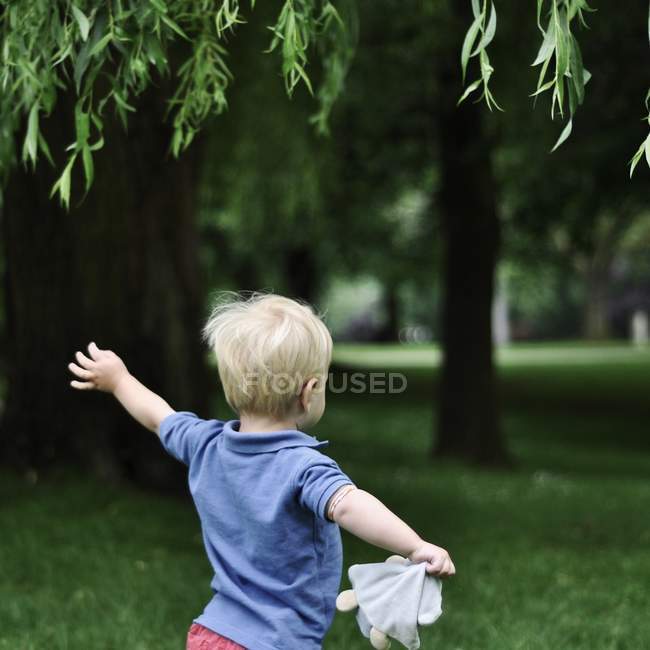 Vista trasera del niño rubio corriendo en el parque - foto de stock