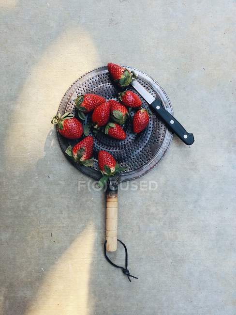 Studioaufnahme von Erdbeeren auf Pfanne, Draufsicht — Stockfoto