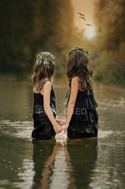 Vue arrière de deux jolies sœurs avec des couronnes debout dans le lac — Photo de stock