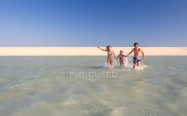 Zwei kaukasische Jungen und Teenager-Schwester haben Spaß auf See — Stockfoto