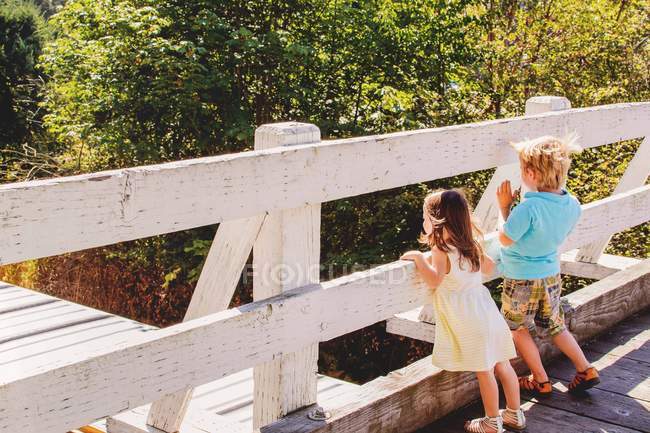 Мальчик и девочка смотрят поезд на мосту — стоковое фото