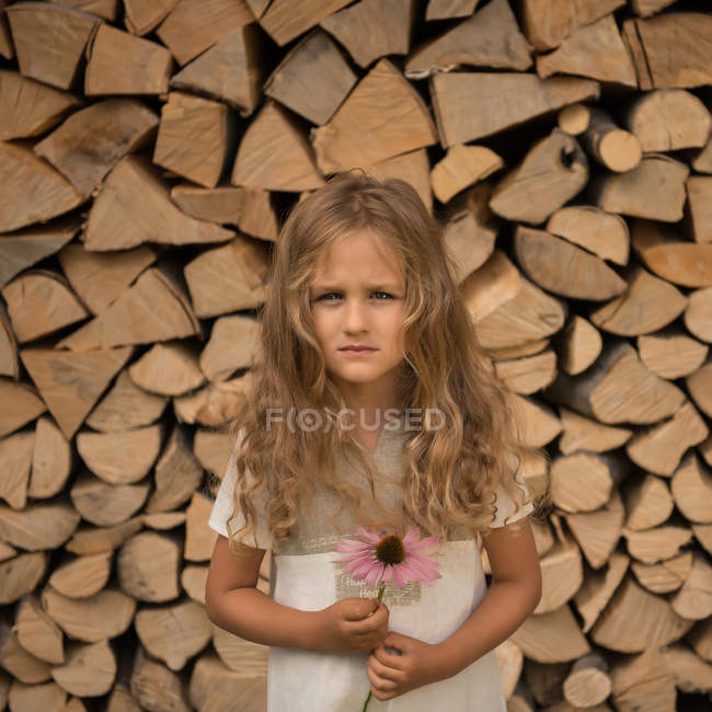 Portrait de fille tenant fleur rose contre pile de bûches — Photo de stock