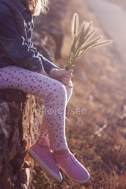 Imagen recortada de niña sentada en la pared contra el fondo borroso - foto de stock