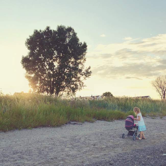 Kleines Mädchen mit Kinderwagen steht auf Weg in der Natur — Stockfoto