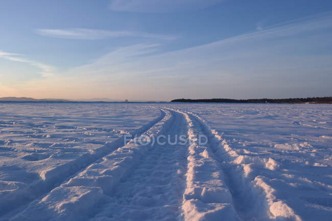 Vista de perto das pistas de pneus na neve — Fotografia de Stock