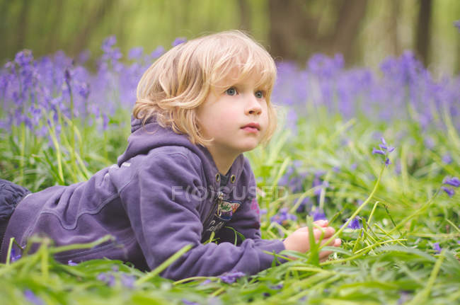 Portrait of thoughtful little boy lying among bluebells — Stock Photo