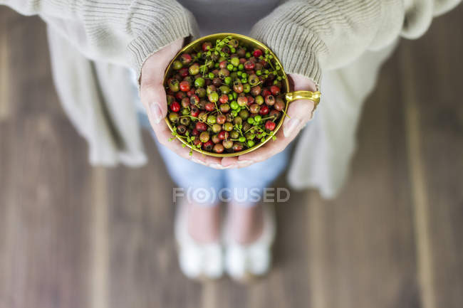 Cropped image of woman with berries in cup — Stock Photo