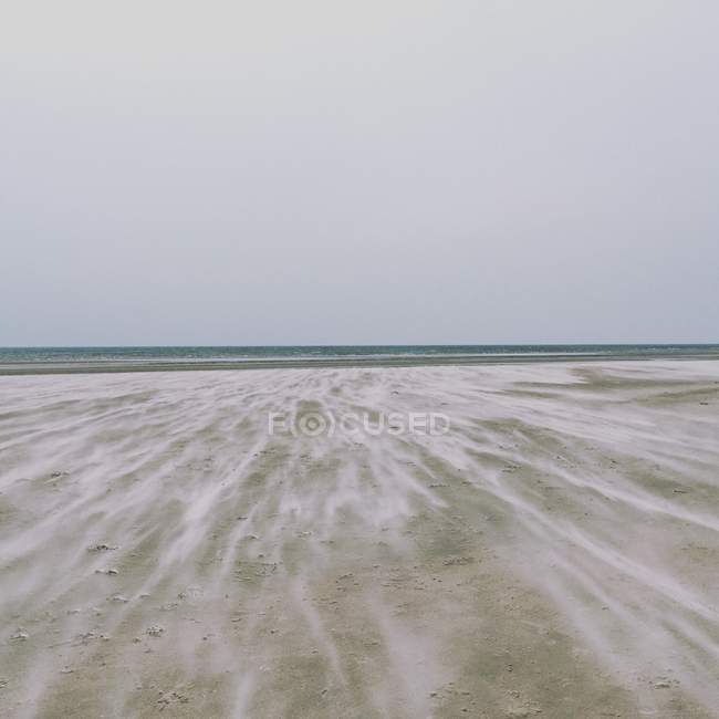 Agua de mar y cielo gris, arena ventosa en la playa - foto de stock