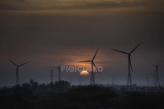 Belo céu por do sol e turbinas eólicas — Fotografia de Stock