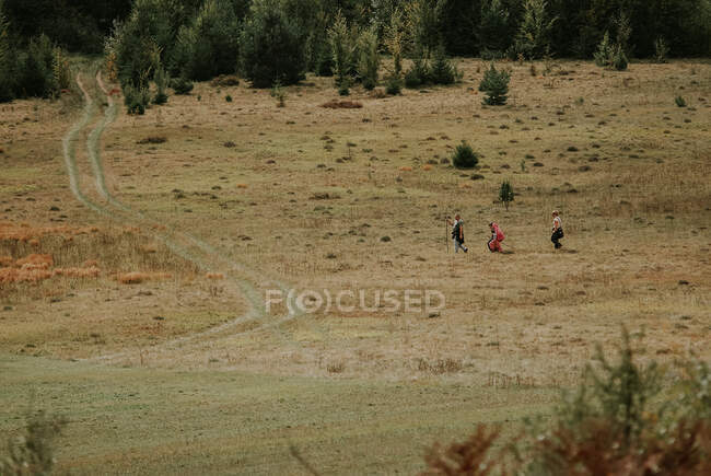 Человек и его семья идут по горе — стоковое фото