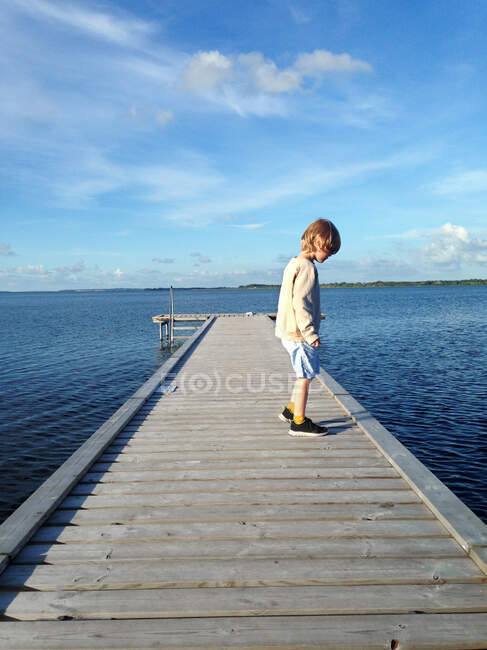 Niño de pie en el embarcadero de madera en la naturaleza - foto de stock