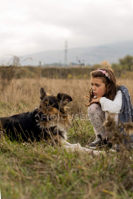 Menina sentada em um campo com seu cão — Fotografia de Stock