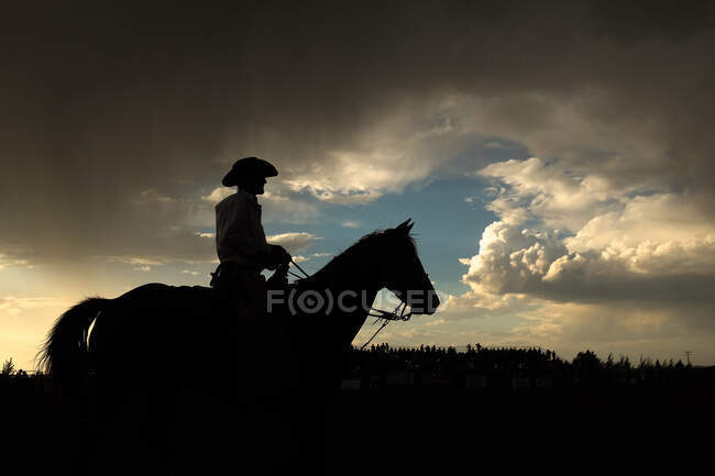 Silhouette eines Cowboys auf einem Pferd, Wyoming, Amerika, USA — Stockfoto