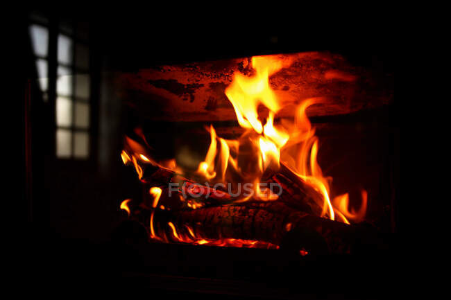Primer plano de la quema de madera en la chimenea - foto de stock