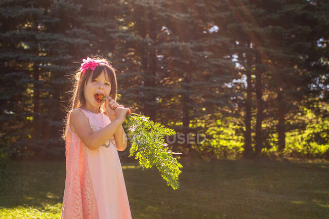 Menina de pé no jardim comendo uma cenoura recém-colhida — Fotografia de Stock