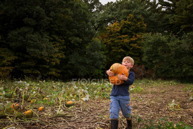 Garçon portant une citrouille dans un champ sur la nature — Photo de stock