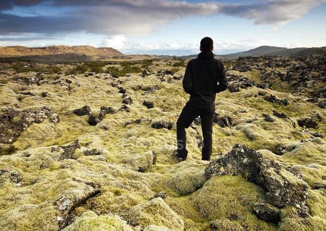 Hombre parado en un campo de lava, Islandia - foto de stock