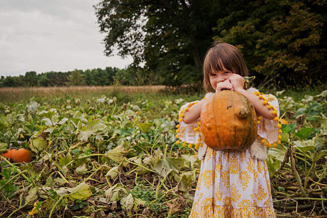Girl in a field carrying a pumpkin — Stock Photo