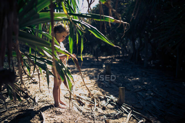 Girl on the beach standing behind a tree — Stock Photo