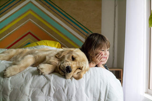 Девочка и золотистая собака-ретривер лежат на кровати — стоковое фото