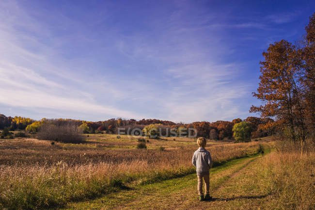 Vista trasera del niño caminando a lo largo del sendero natural en otoño - foto de stock