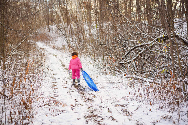 Mädchen zieht ihren Schlitten durch den Schnee — Stockfoto