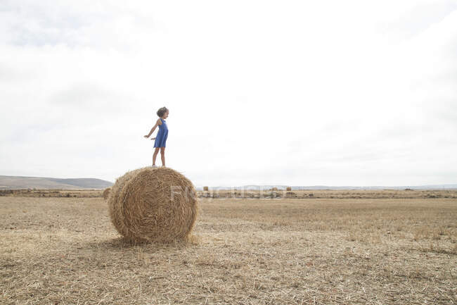Дівчина стоїть на тюці на полі — стокове фото