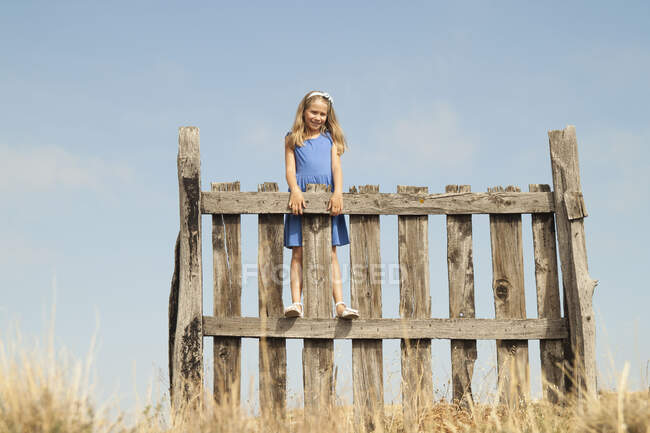Chica de pie en una valla - foto de stock