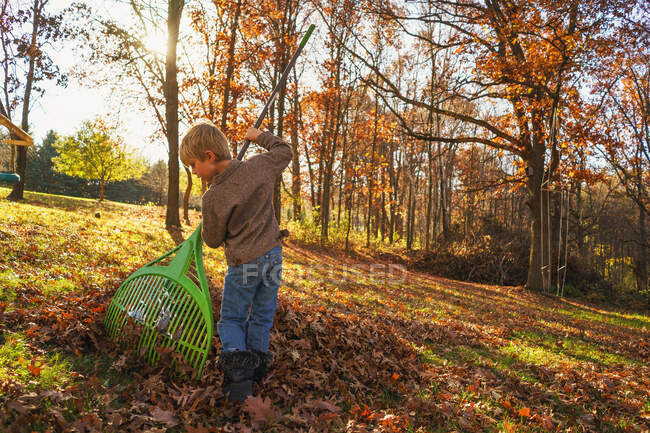 Menino raking folhas no outono — Fotografia de Stock