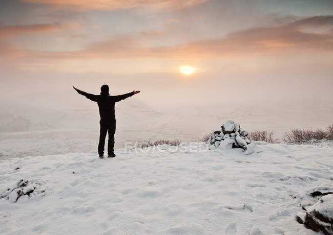 Вид сзади на человека, стоящего в зимнем пейзаже, Исландия — стоковое фото