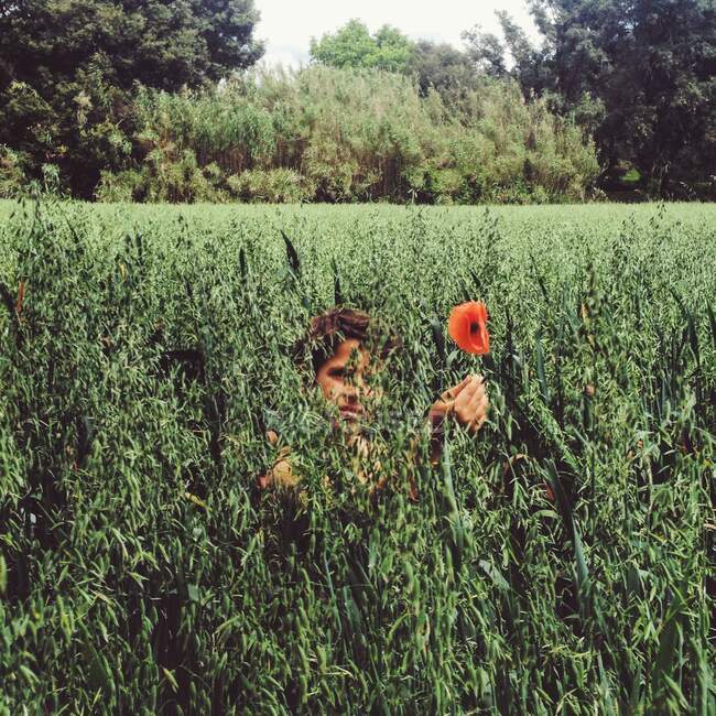 Мальчик, сидящий в поле с цветком мака — стоковое фото