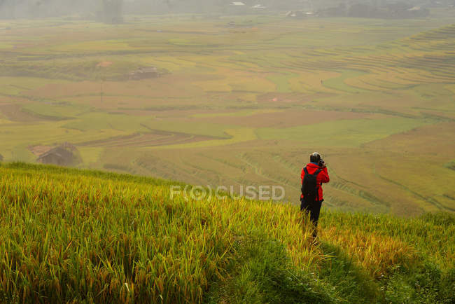 Rückansicht des Reisenden beim Fotografieren der schönen grünen Reisterrasse bei Sonnenuntergang, Vietnam — Stockfoto