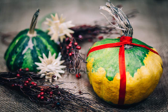 Vista close-up de decorações festivas de Natal com abóboras — Fotografia de Stock