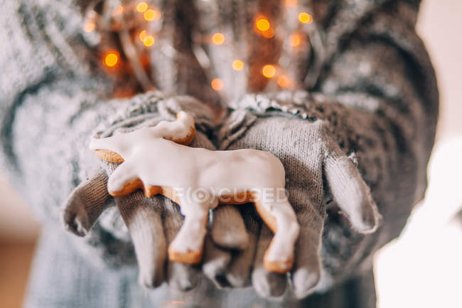 Обрезанное изображение рук девочек, держащих праздничное рождественское печенье — стоковое фото