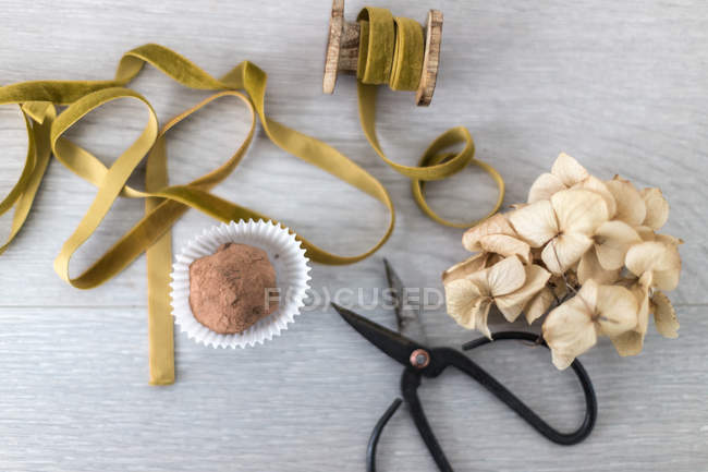 Chocolate truffle with a dried hydrangea flower, ribbon and scissors — Stock Photo