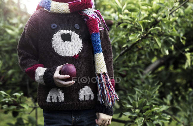 Junge steht im Garten und hält einen Apfel — Stockfoto