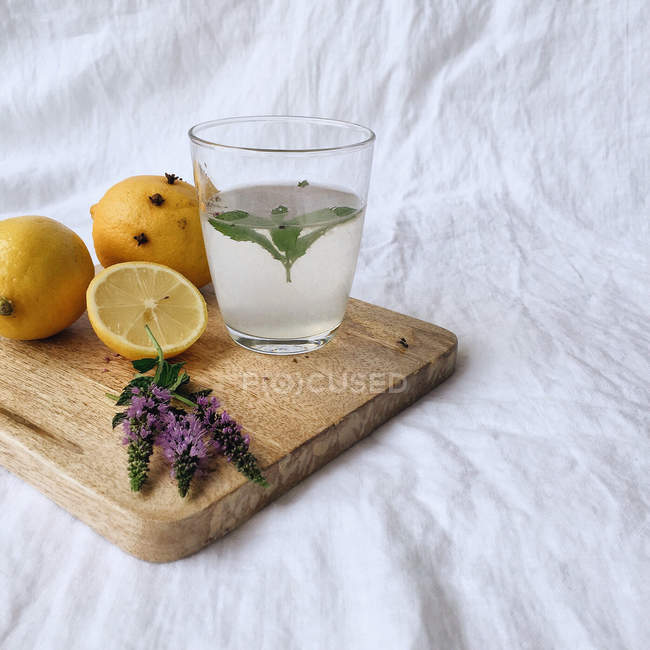 Limón y agua de menta sobre tabla de cortar - foto de stock