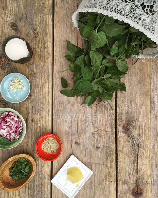 Ingredients for ground elder soup, food preparation concept — Stock Photo